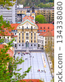 Congress Square and the Church of the Holy Trinity Ursuline, seen from Ljubljana Castle, in Ljubljana, Slovenia 134338080