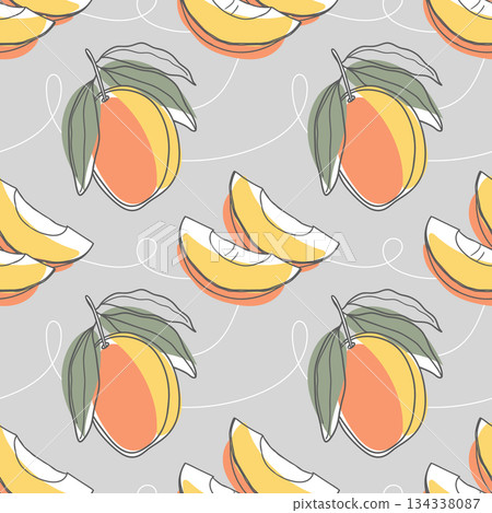 Mango fruit seamless pattern. Hand drawn vector illustration in sketch style. 134338087