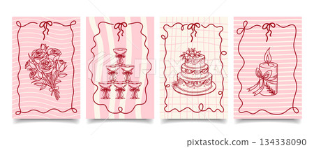 Wedding invitation cards with champagne glasses, cake and flowers. Hand drawn fancy greeting cards. Sketch. 134338090