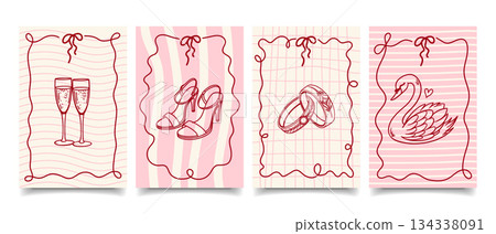 Wedding ceremony invitation cards with champagne, wedding rings and swan. Hand drawn fancy greeting cards. Sketch. 134338091