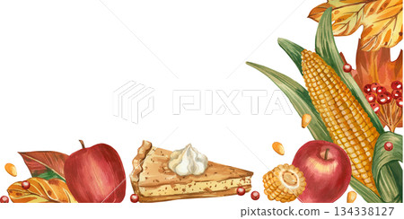 Watercolor Thanksgiving frame made from traditional vegetables, dishes. Pumpkin pie, corn, apples, leaves, berries. All objects are hand-painted in watercolor. For printing on postcards, invitations. Watercolor Thanksgiving frame made from traditional vegetables, dishes. Pumpkin pie, corn, apples, leaves, berries. All objects are hand-painted in watercolor. For printing on postcards, invitations. 134338127