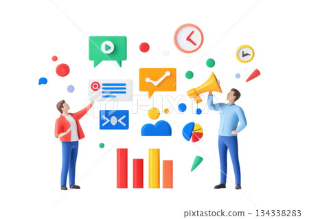 Two individuals engage with various digital icons and graphs, representing communication and data analysis. 134338283