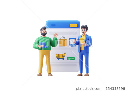 Two stylized characters engage with a shopping interface, showcasing digital commerce and interaction. 134338396