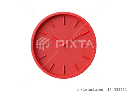 A modern red clock with minimalist design featuring simple hour and minute hands. 134338511