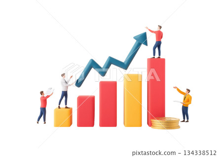 The image features colorful bar graphs with miniature figures interacting and pointing upwards, symbolizing growth and progress. 134338512