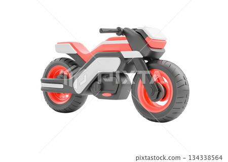 A modern, stylized motorcycle design featuring bold colors and a sleek, compact structure with prominent wheels. 134338564