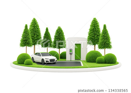 A modern electric vehicle charging station surrounded by lush greenery and neatly shaped bushes. 134338565