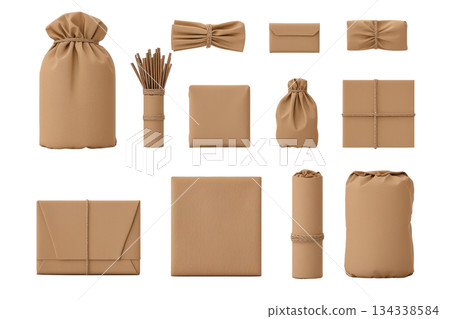 A collection of various brown paper packaging items, including bags, boxes, and wraps, showcasing different shapes and styles. 134338584