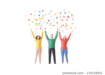 Three cheerful individuals celebrate with raised arms, surrounded by colorful confetti. 134338642