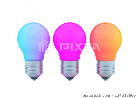 Colorful light bulbs in various hues, showcasing vibrant designs and modern aesthetics. 134338660