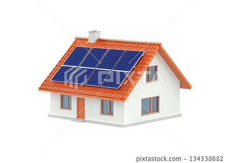 A small house featuring a red-tiled roof and solar panels installed on top. 134338682