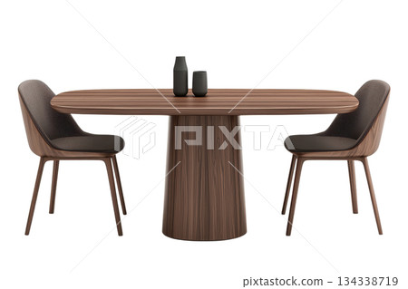 A modern wooden dining table with two stylish chairs, complemented by two decorative vases. 134338719
