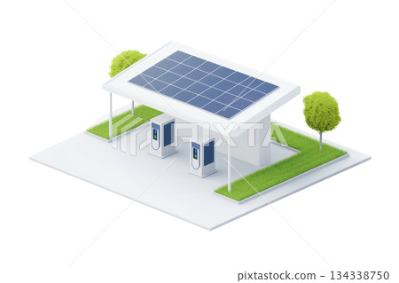 A modern solar charging station featuring solar panels, electric charging points, and greenery. 134338750