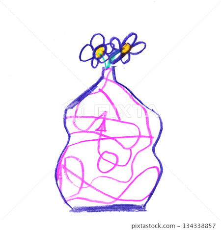 Whimsical Vase with Daisies, Hand-Drawn Style Illustration on White Background, Creative Expression 134338857