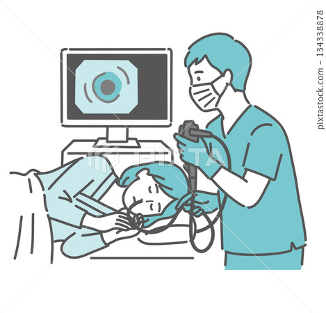 Illustration of a woman undergoing a nasal endoscopy (gastroscope through the nose) 134338878