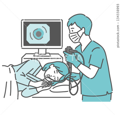 圖解：一名女子和一名醫生正在接受胃鏡檢查（口腔內視鏡檢查）。 134338993