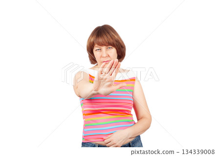 Woman showing stop hand gesture 134339008