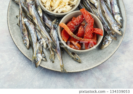 Beer and dried fish. Beer and dried fish. 134339053