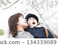 Cherry blossoms and a 3-year-old girl and her mother at the kindergarten entrance ceremony 134339089