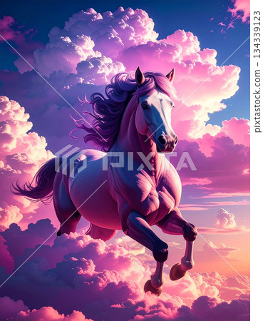 一匹白馬馳騁在紫色雲霧繚繞的世界。 134339123