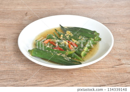 boiled roselle dressing sesame oil and soy sauce with chop garlic topping slice chili on plate 134339148