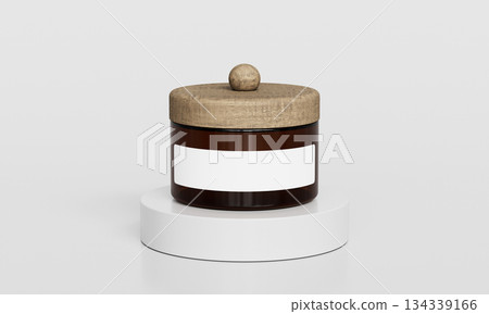 Glass Jar with Wooden Lid and Blank Label Mock up. 3D Rendering. 134339166