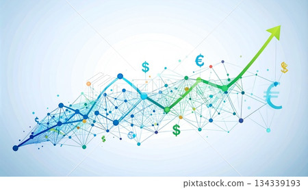 A minimalist vector illustration of a gradually rising index line made up of various market dots. 134339193