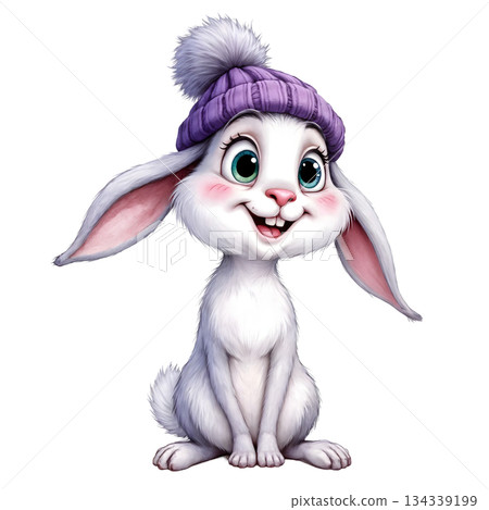 The image shows a painted white rabbit wearing a purple knitted hat with a pompom 134339199