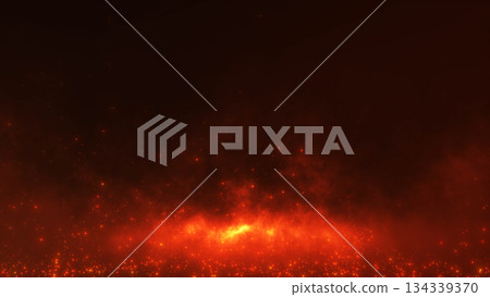 Glowing red fire particles and flying ashes on dark background. Abstract fiery texture for cinematic compositions, fantasy scenes, dramatic visuals, overlays and motion design backgrounds. 134339370