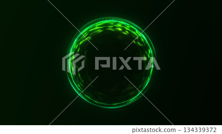 Abstract green neon digital sphere with glowing energy surface and flowing light lines on dark background. Futuristic sci fi illustration for technology concepts, artificial intelligence visuals 134339372