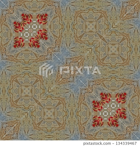 Mixed Embroidery Print Design Featuring Traditional Japanese Motifs. Elegant Textile Pattern for Fabric, Surface and Print Design 134339467