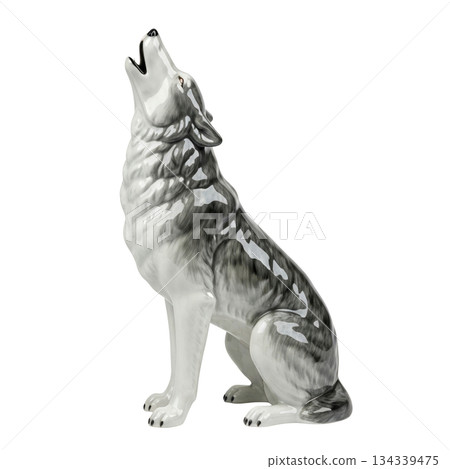 Ceramic grey wolf figurine sitting and howling as wild animal statue for interior decor Ceramic grey wolf figurine sitting and howling as wild animal statue for interior decor 134339475