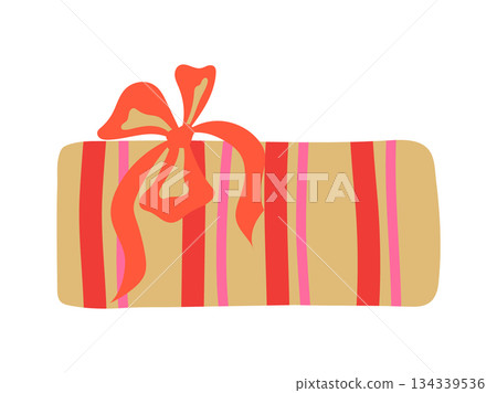 Gift box vector illustration. Present wrapped in golden paper with red stripes and ribbon bow isolated on white background. Simple festive design for Christmas, birthday in flat hand drawn style Gift box vector illustration. Present wrapped in golden paper with red stripes and ribbon bow isolated on white background. Simple festive design for Christmas, birthday in flat hand drawn style 134339536