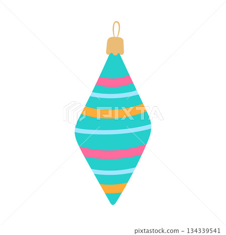 Christmas ornament vector illustration. Bright colorful striped rhombus shaped bauble for xmas tree isolated on white background. Retro holiday decor element for merry winter design, print, cards Christmas ornament vector illustration. Bright colorful striped rhombus shaped bauble for xmas tree isolated on white background. Retro holiday decor element for merry winter design, print, cards 134339541