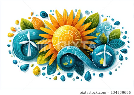 stylized environmental illustration for International Day of Clean Energy, sun, wind and water symbols arranged in a balanced modern composition, bright clean colors, hopeful sustainable future 134339696