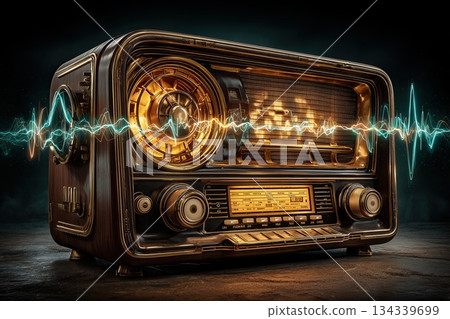 retro-inspired symbolic image for World Radio Day: vintage radio emitting visible sound waves as light lines across the scene, warm tones 134339699