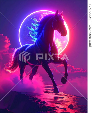 A white horse galloping through a purple moonlit world 134339737