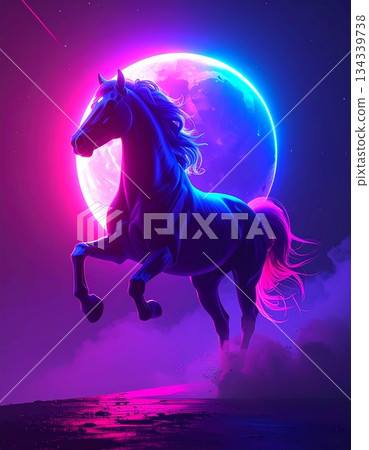 A white horse galloping through a purple moonlit world A white horse galloping through a purple moonlit world 134339738