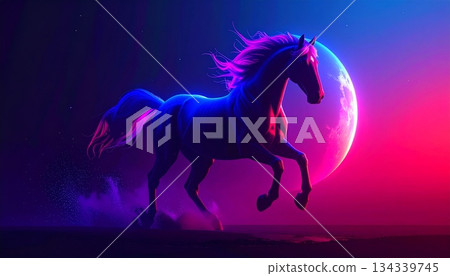 一匹白馬馳騁在紫色的月光世界 134339745