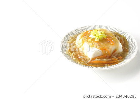 Silken tofu with thick bean paste photographed on a white background 134340285