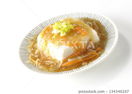 Silken tofu with thick bean paste photographed on a white background 134340287