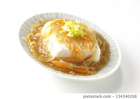 Silken tofu with thick bean paste photographed on a white background 134340288