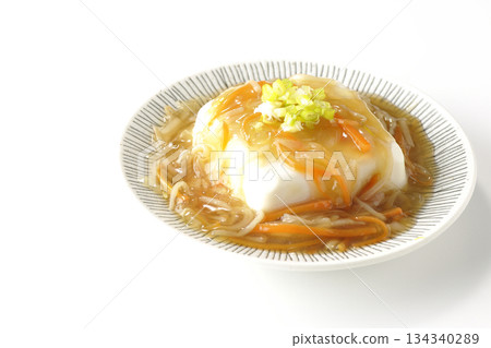 Silken tofu with thick bean paste photographed on a white background 134340289