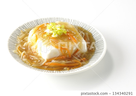 Silken tofu with thick bean paste photographed on a white background 134340291