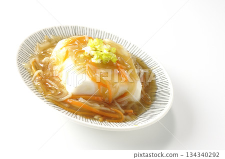 Silken tofu with thick bean paste photographed on a white background 134340292