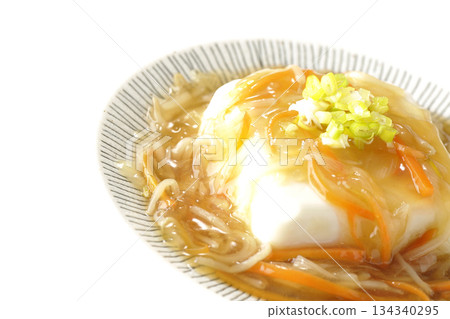 Silken tofu with thick bean paste photographed on a white background 134340295