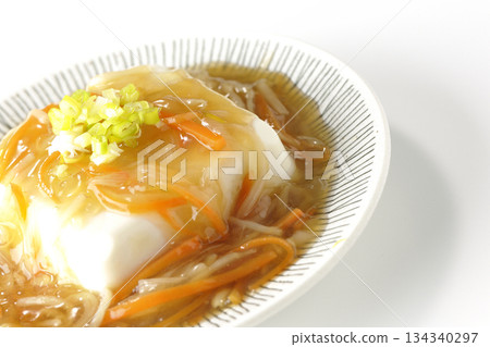 Silken tofu with thick bean paste photographed on a white background 134340297