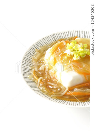 Silken tofu with thick bean paste photographed on a white background 134340308