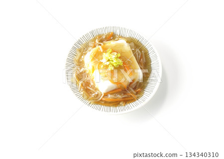 Silken tofu with thick bean paste photographed on a white background 134340310