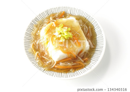 Silken tofu with thick bean paste photographed on a white background 134340316